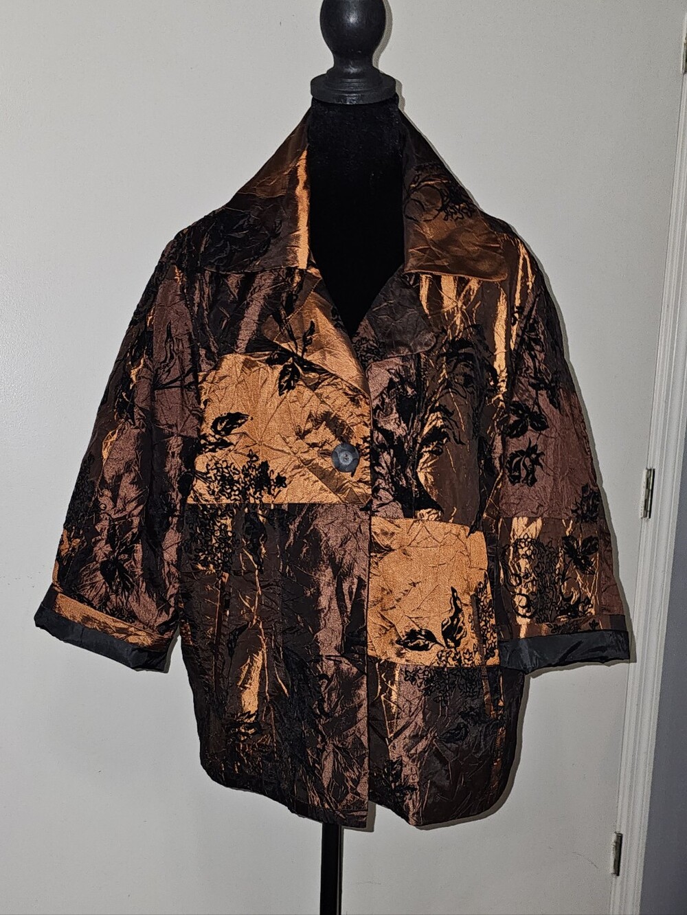 Women's Shimmery Copper & Black Velvet Burnout Patchwork Jacket Sz XL